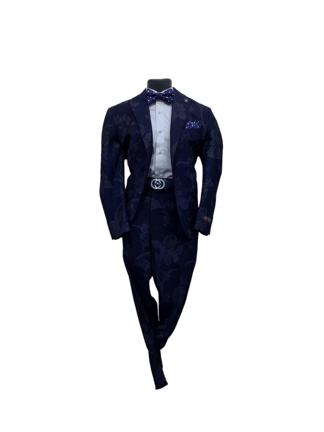 2PC SLIM FIT FLOWER PRINT SUIT , Color: NAVY, Size: 46R/40W