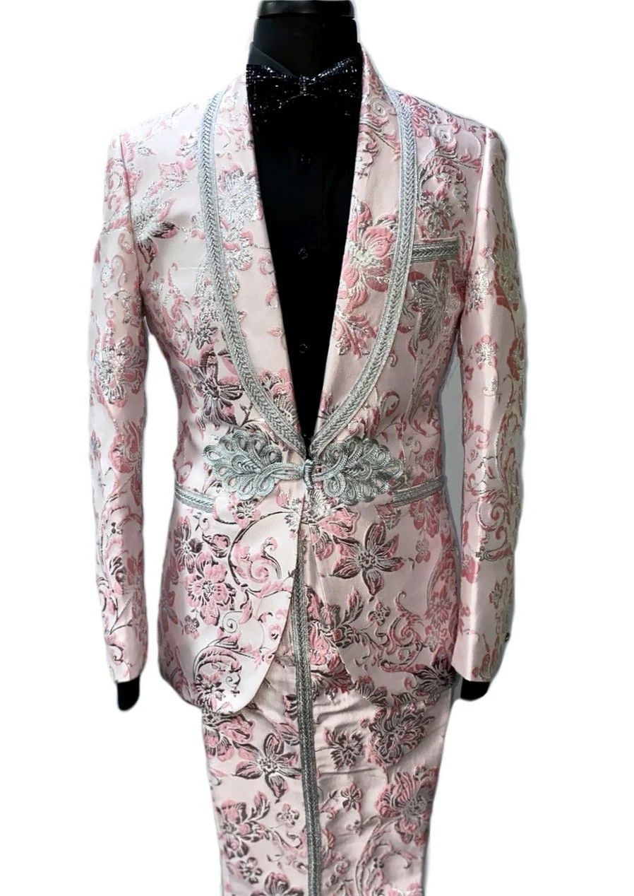 2PC PINK &amp; SILVER FLORAL PATTERNED SUIT , Color: PINK, Size: 3XL/44