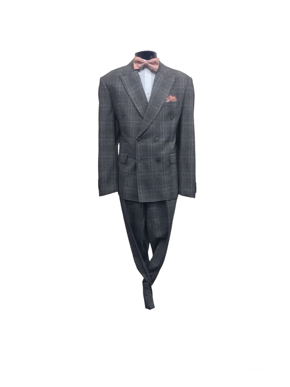 2PC DOUBLE BREASTED PLAID SUIT , Color: NAVY, Size: 44R/40W
