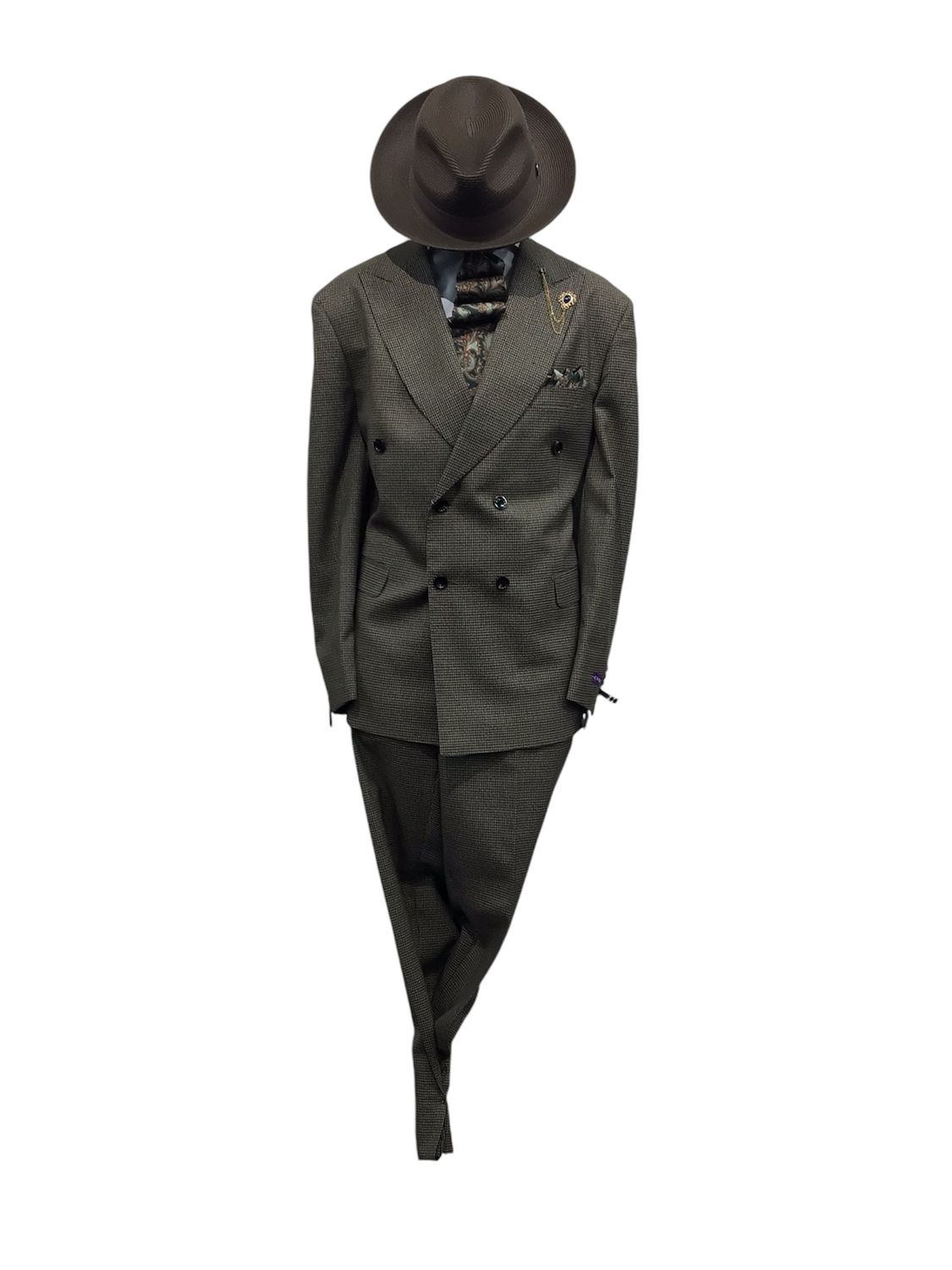 2 PC DOUBLE BREASTED SLIM FIT PLAIDE SUIT , Color: TAN, Size: 46R/40W