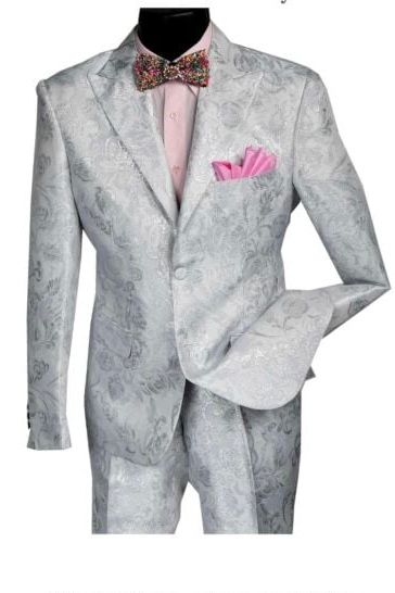 2 PC SONY SILVER TONAL FLORAL SUIT , Color: SILVER, Size: 48L/42W