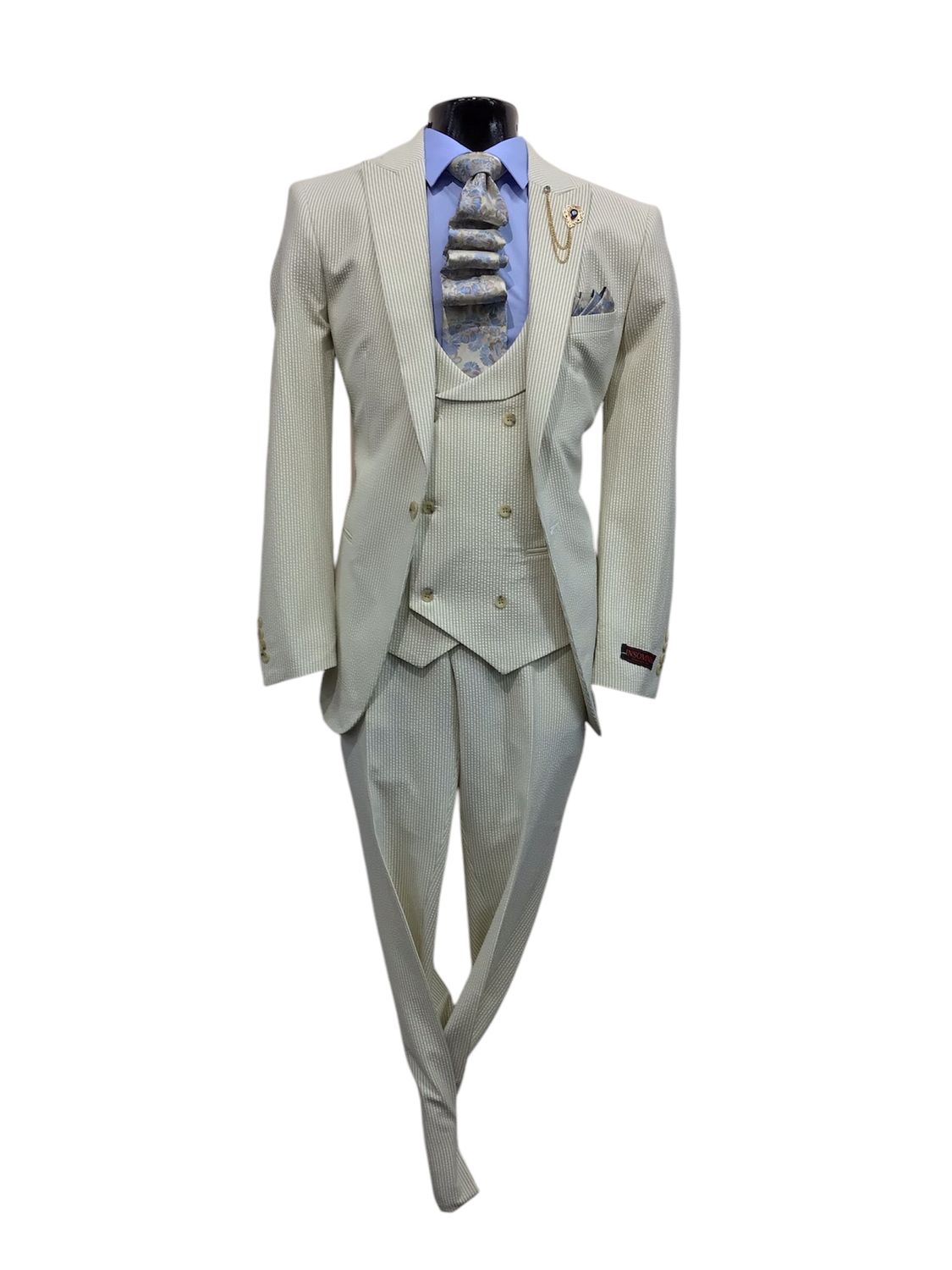 3PC SEERSUCKER SUMMER SUIT WITH DB VEST , Color: TAN, Size: 48R/43W