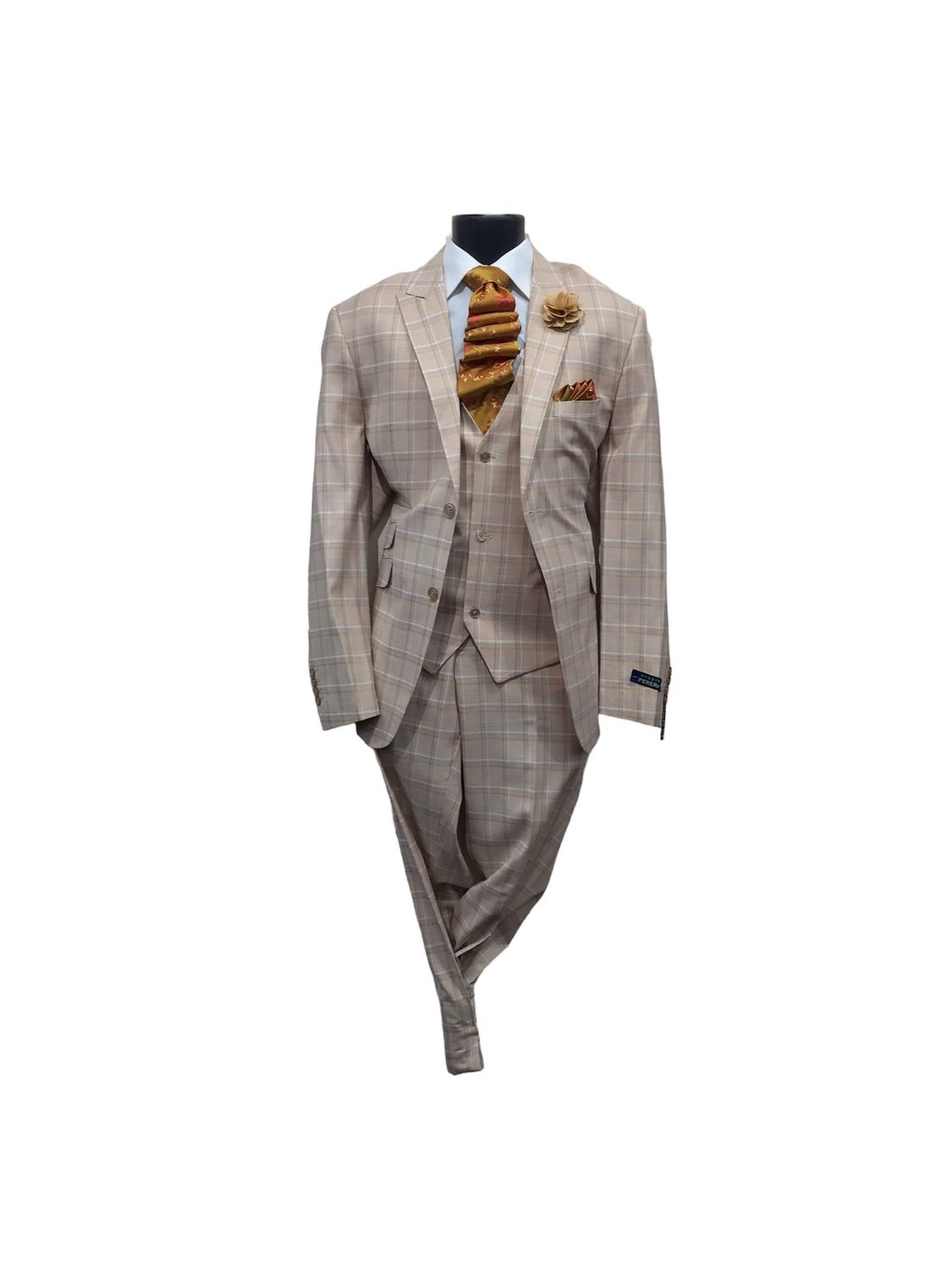 3PC MODERN FIT PLAID WITH REVERSIBLE VEST , Color: PEACH, Size: 42R/36W