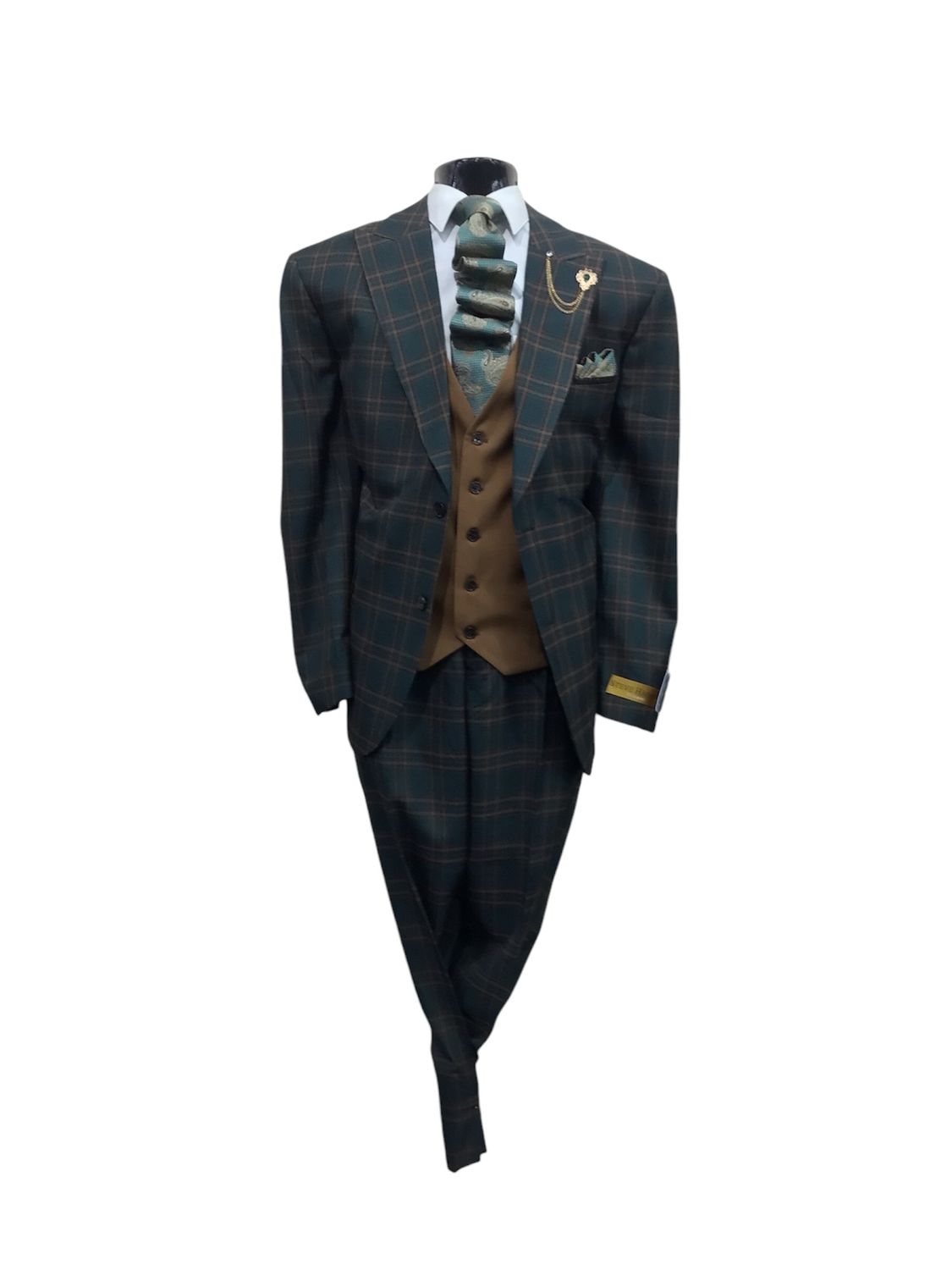 3 PIECE WINDOW PANE SUIT , Color: GREEN/BROWN, Size: 50R/45W
