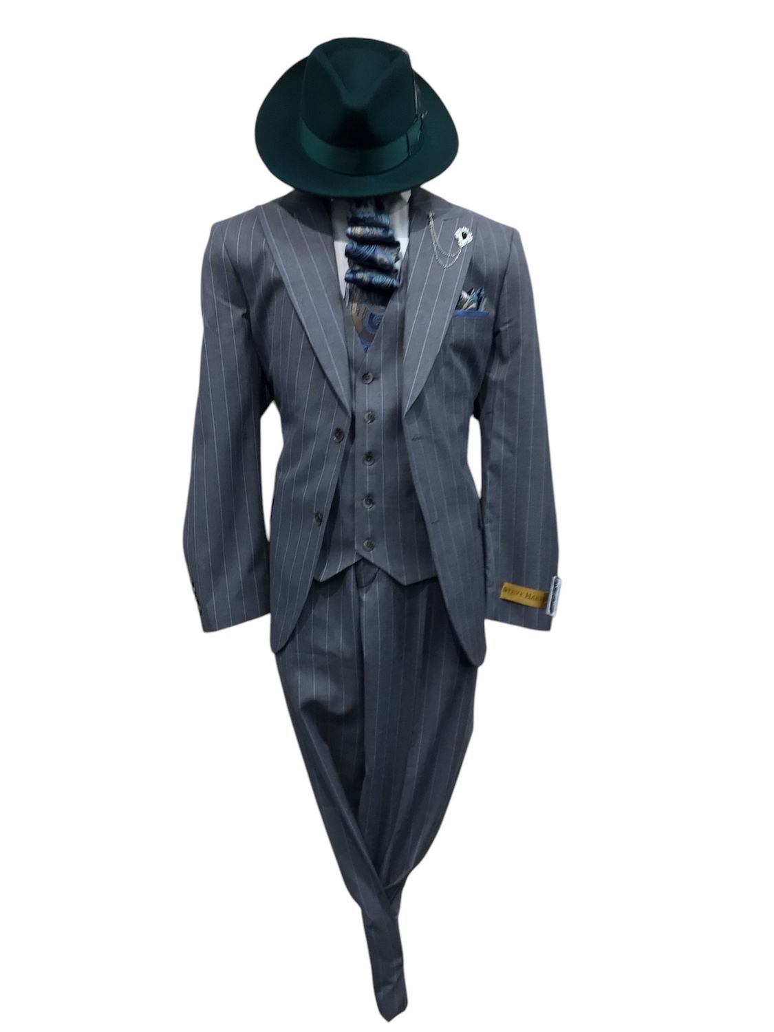 3 PIECE PINSTRIP SUIT GREY W BLUE STRIPS , Size: 42R/36W
