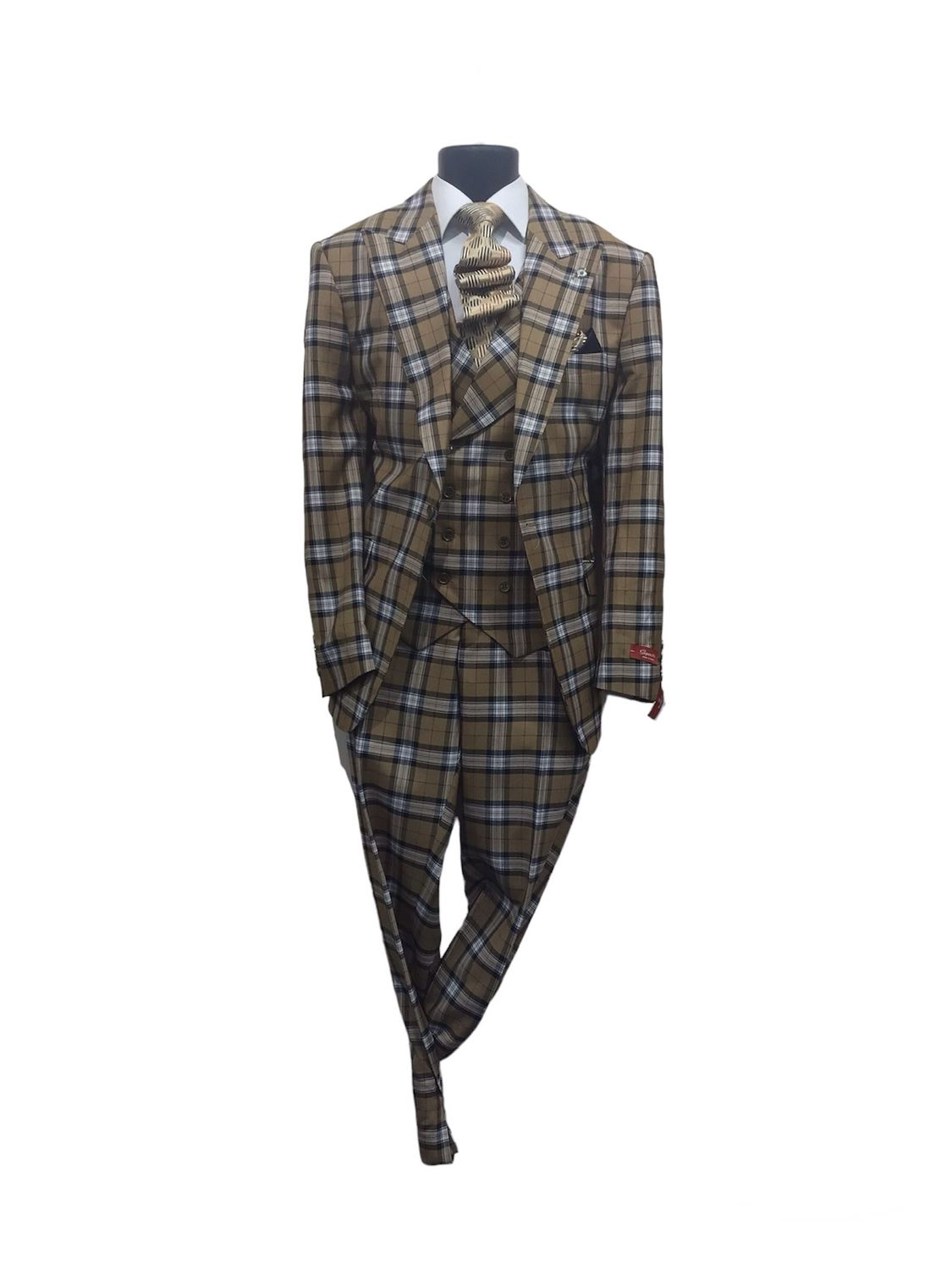 3 PC PLAD SUIT WITH DOUBLE BREASTED VEST , Color: TAN, Size: 46R/40W