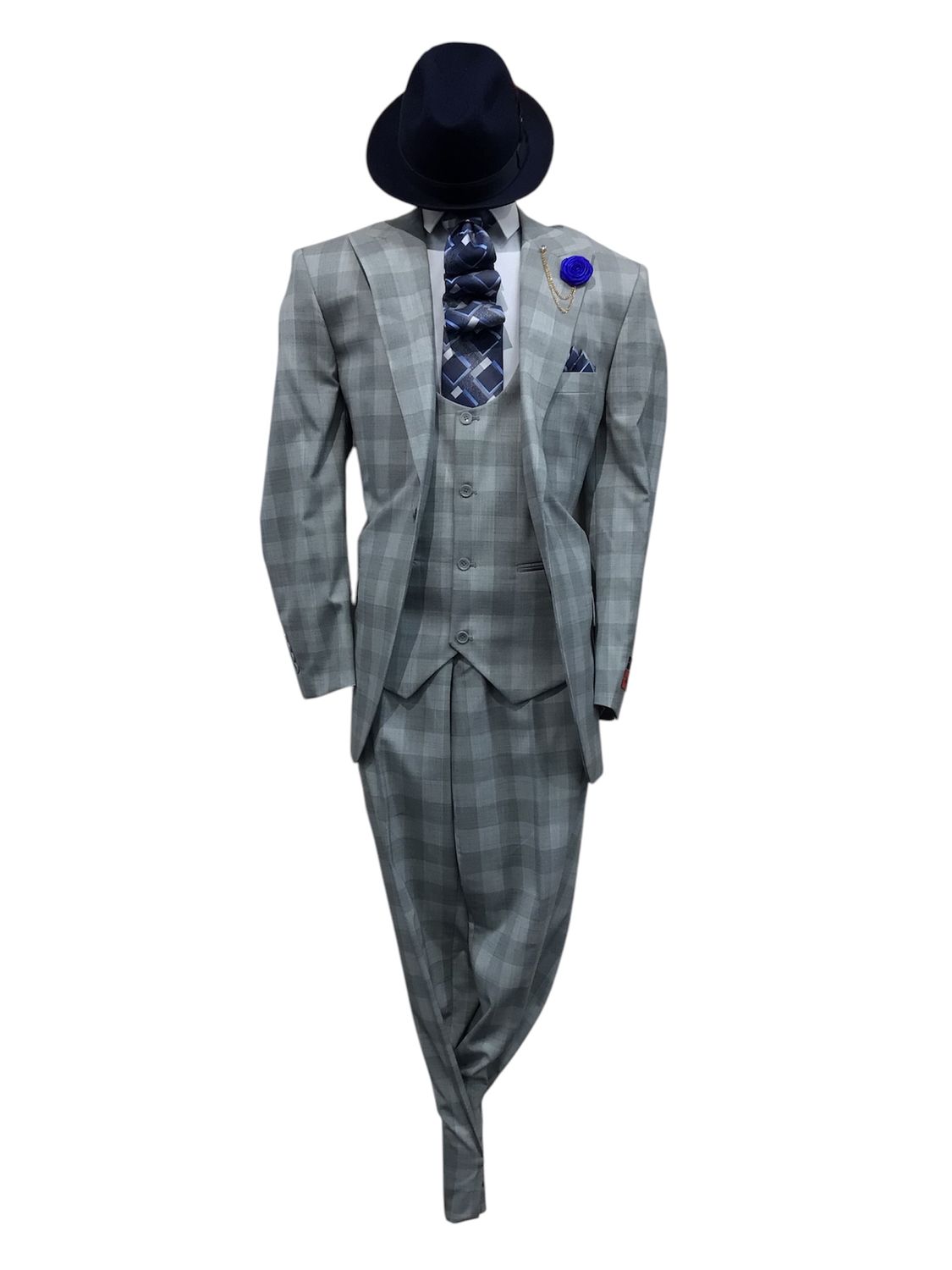 2 BUTTONS FLAT FRONT 3PC CHECKER SUIT , Color: SILVER, Size: 42R/36W