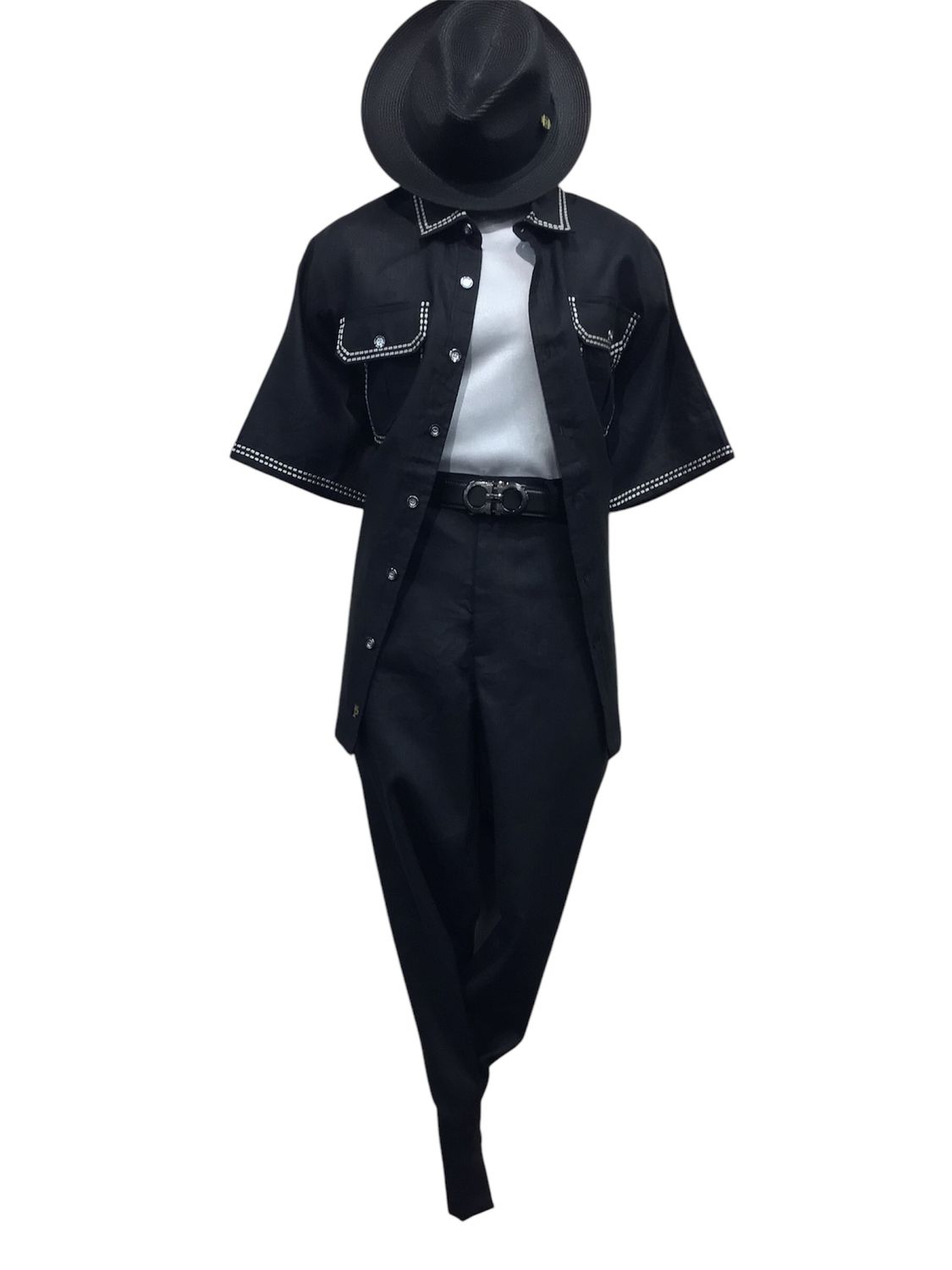 SHORT SLEEVE THCKSTCH BOTTON DOWN , Color: BLACK, Size: L-36