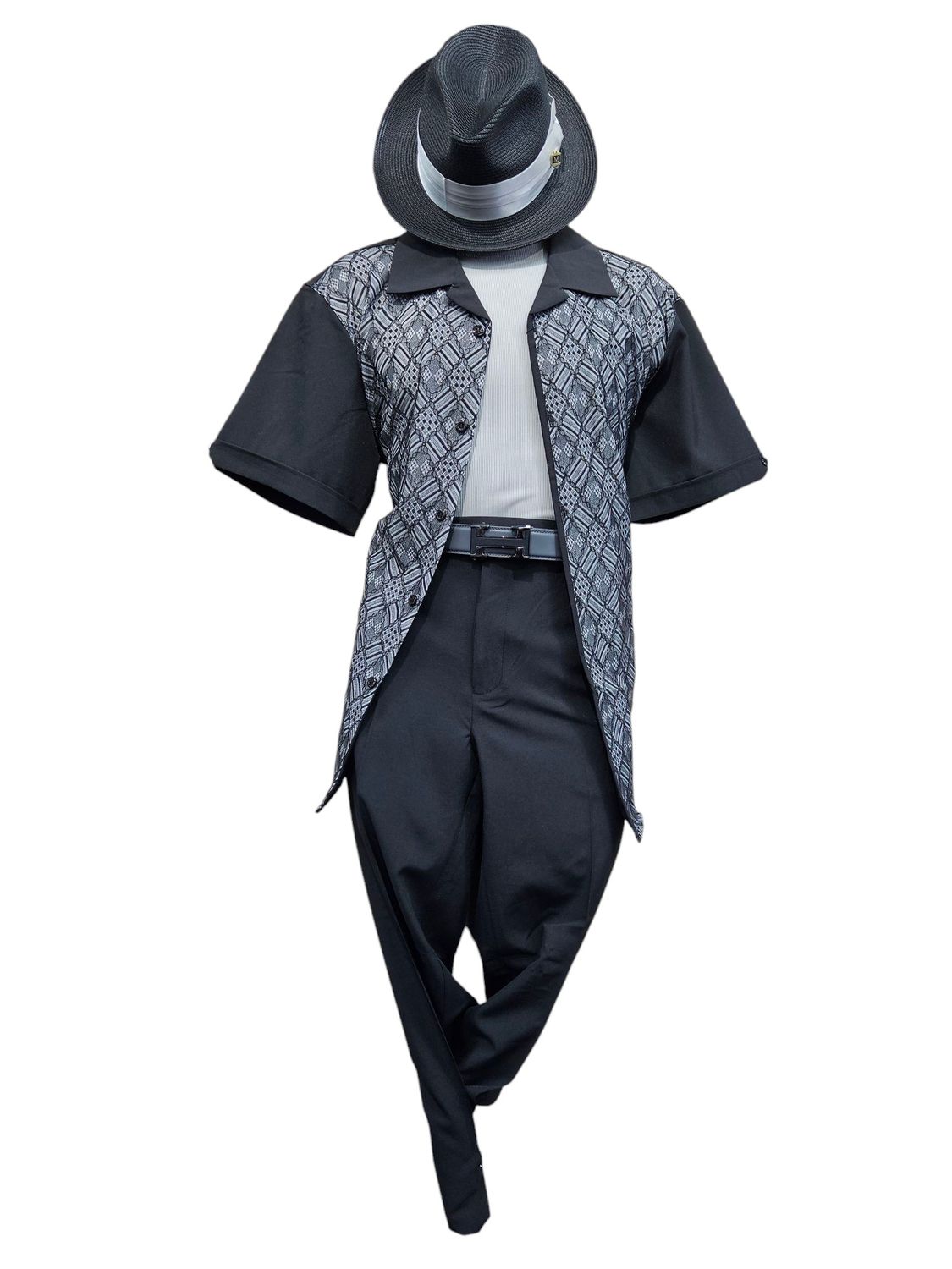 2PC SHORT SLEEVE JACO MESH TRIM WALKING SUIT , Color: BLACK, Size: L-36