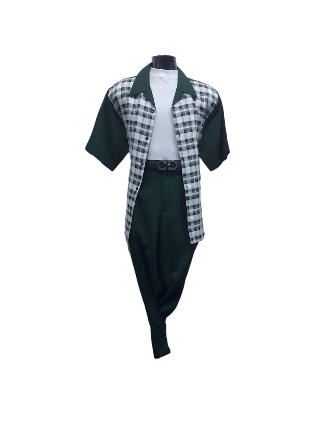 2PC SHORT SLEEVE HOUNDSTOOTH SUIT 	, Color: EMERALD, Size: M/W33