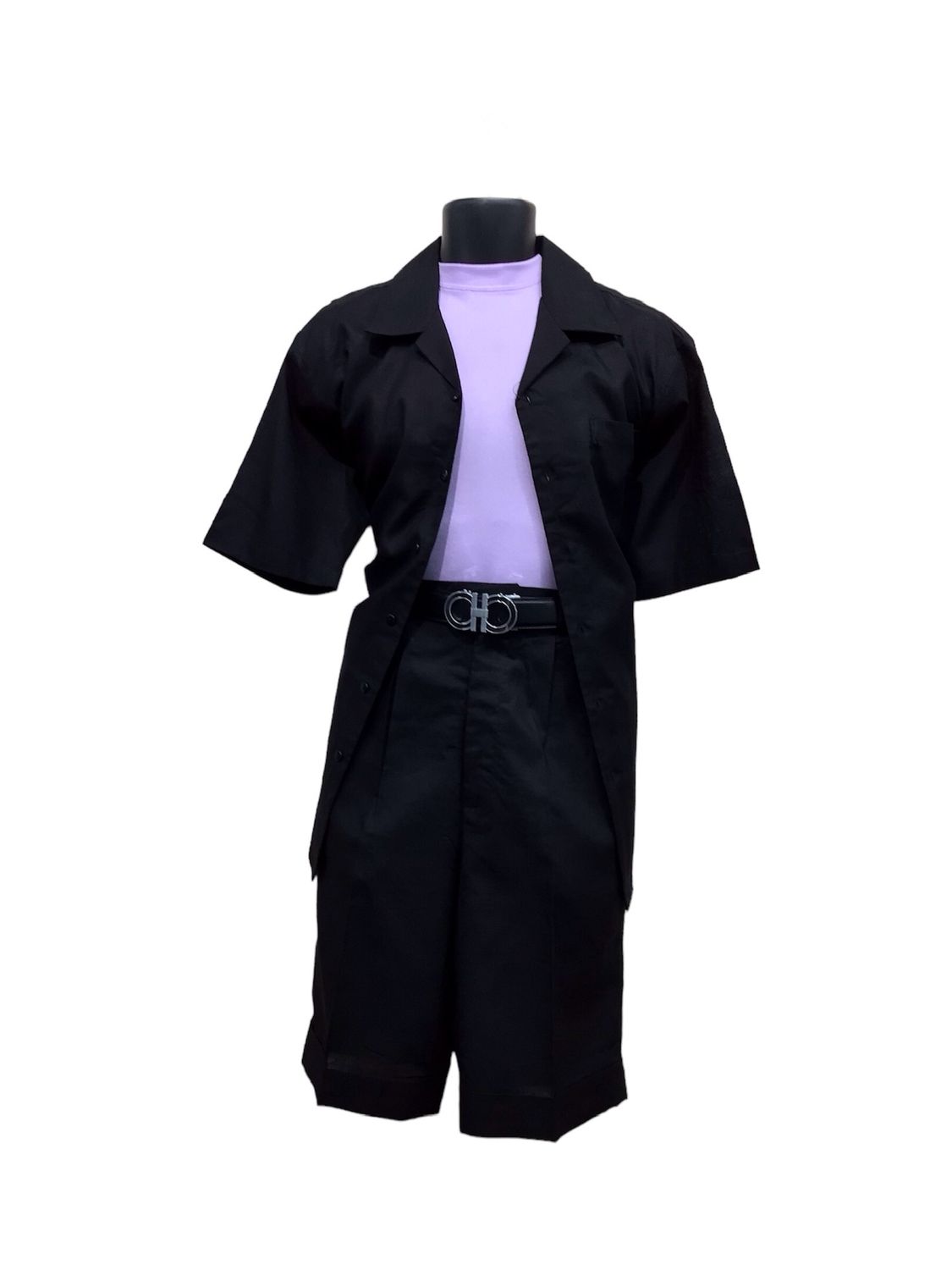 2PC SHORT SET LINEN WITH FRONT PKT , Color: BLACK, Size: M