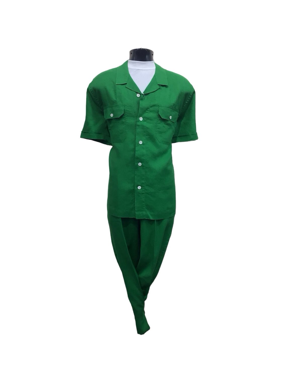 2PC LINEN SS SHIRT AND DRAWSTRING PANTS , Color: GREEN, Size: XL/38W