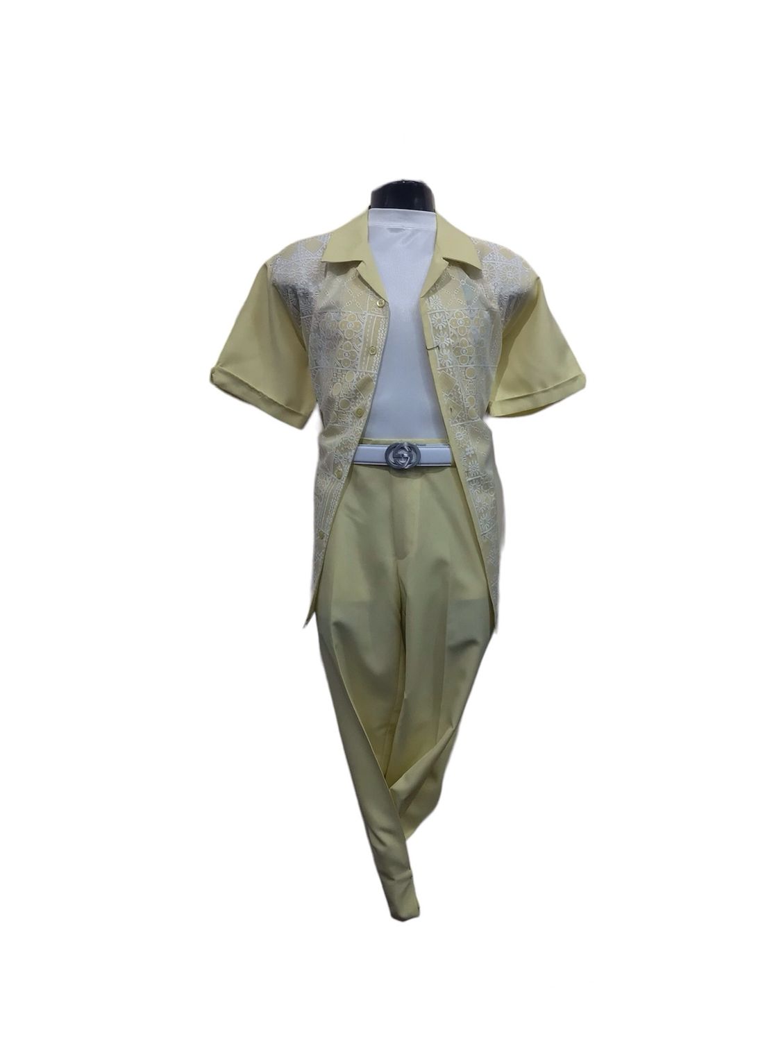 2PC LIESURE SET SHORT SLEEVE LACE TRIM , Color: MAIZE, Size: XL/38W
