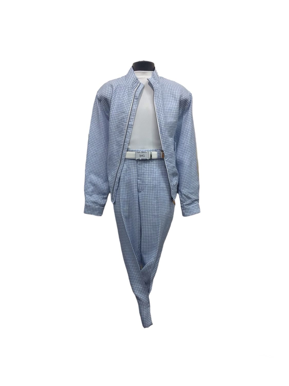 2PC LIESURE SET LINEN HOUNDSTOOTH ZIP UP TOP LT , Color: BLUE, Size: L/36W