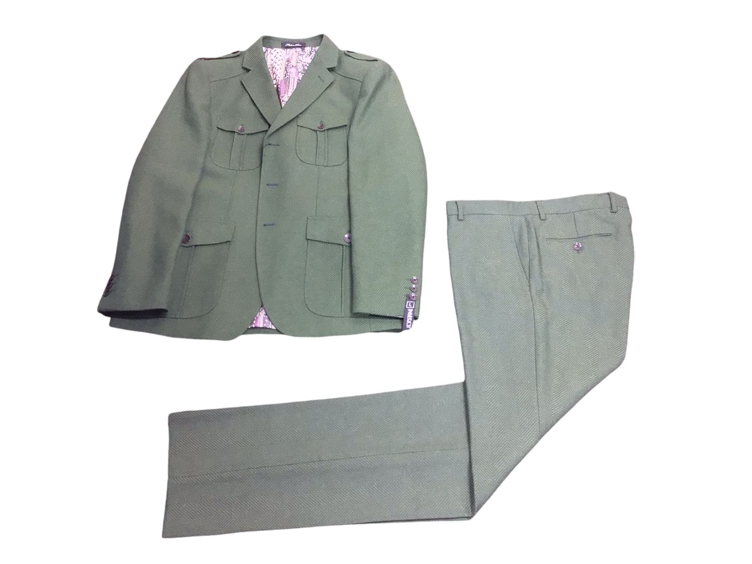 10% WOOL 2PC HERRINGBONE LIESURE SET , Color: OLIVE, Size: 2XL/40