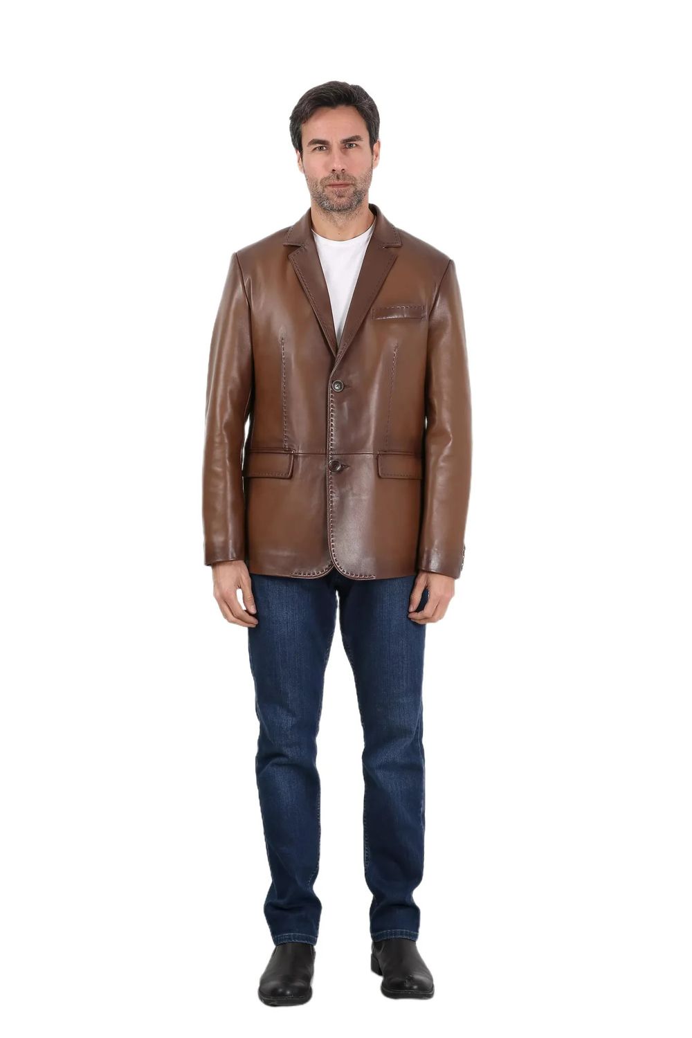 LUXURY BLAZER LEATHER JACKET , Color: COGNAC, Size: XL