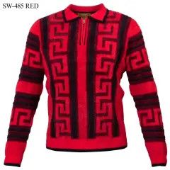 GREEK PRINT KNIT ZIP UP SWEATER