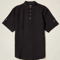 LINEN SHORT SLEEVE BANDED COLLAR SHIRT