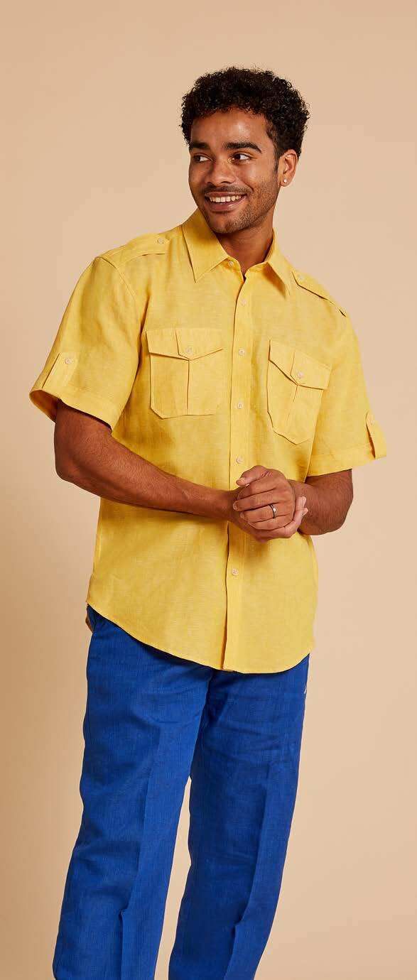 LINEN SHORT SLEEVE MILITARY SHIRT, Color: BANANA, Size: L