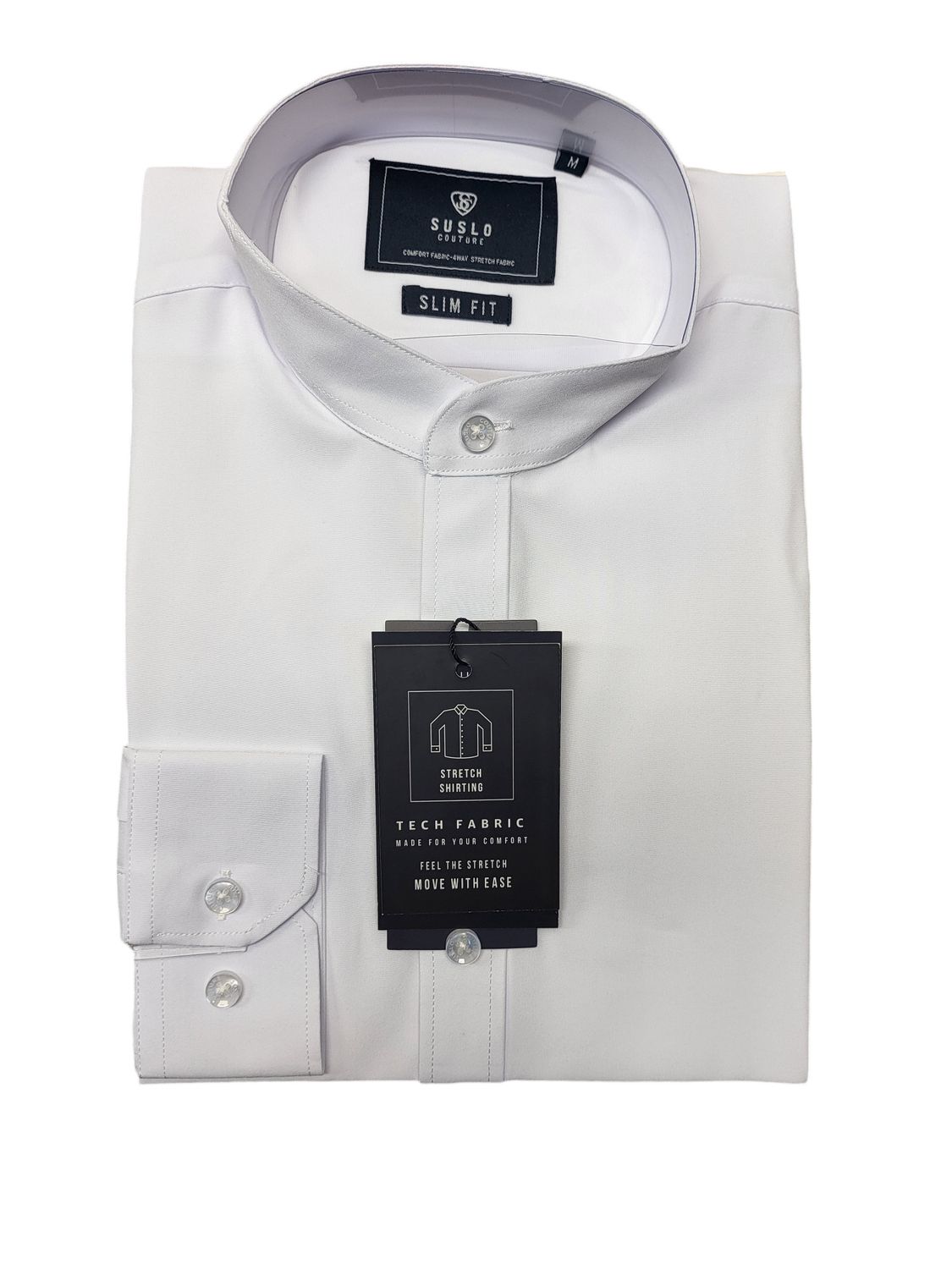 BANDED COLLAR SUSLO DRESS SHIRT, Color: WHITE, Size: M