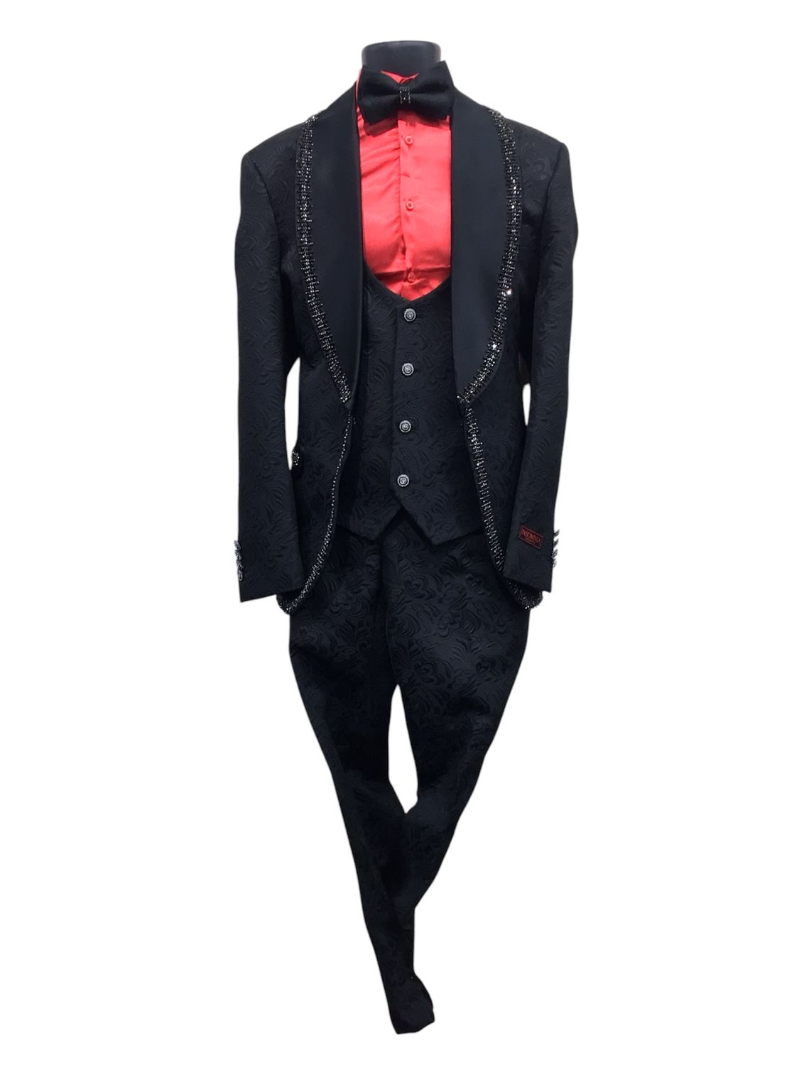 3PC TUXEDO RHINESTONE TRIM, Color: BLACK/BLACK, Size: 38R/32W