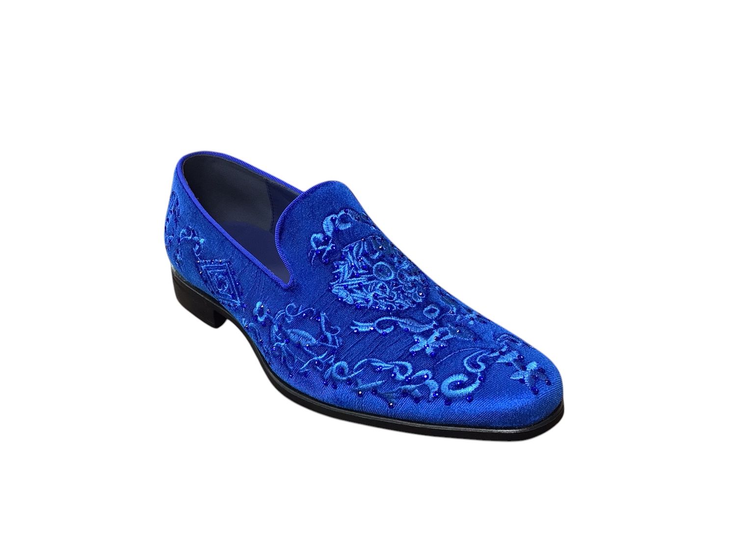  VELVET WITH DESIGN AND STUDS DRESS SHOE, Color: R.BLUE, Size: 7.5