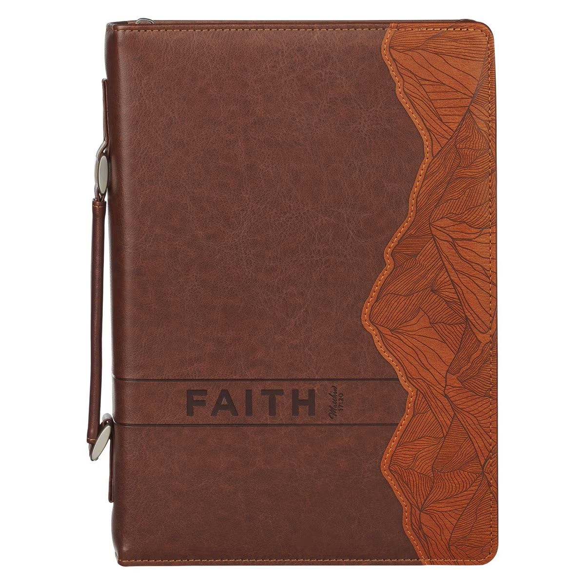 BIBLE COVER- LARGE- FAITH CAN MOVE MOUNTAINS- BURNT BROWN- MATTHEW 17:20