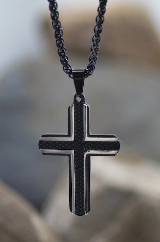 NECKLACE- CROSS- BLACK, TEXTURED