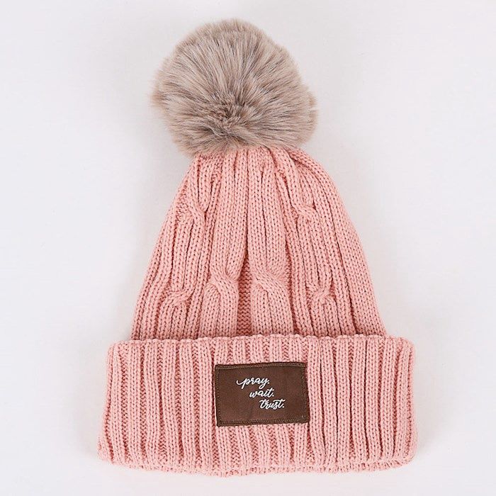 BEANIE WITH POM POM- DUSTY ROSE- PRAY WAIT TRUST
