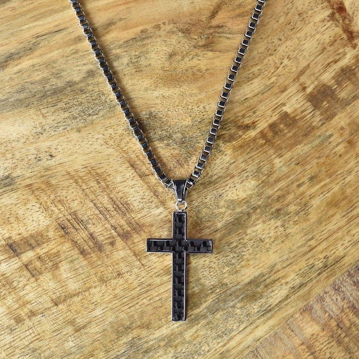 NECKLACE-CROSS SILVER BLACK