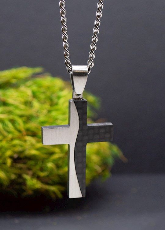 NECKLACE- CROSS- BLACK, SILVER, WAVY