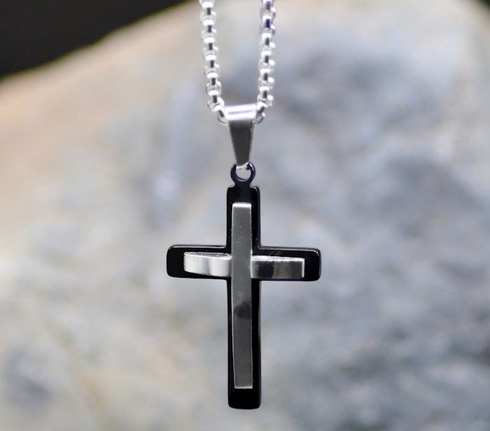 NECKLACE- CROSS- SILVER &amp; BLACK