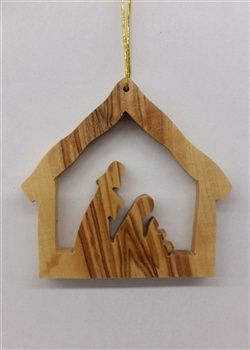ORNAMENT- OLIVE WOOD- STABLE WITH NATIVITY