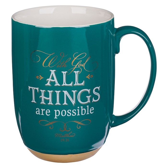MUG- WITH GOD ALL THINGS - GREEN &amp; WHITE WITH CLAY BASE