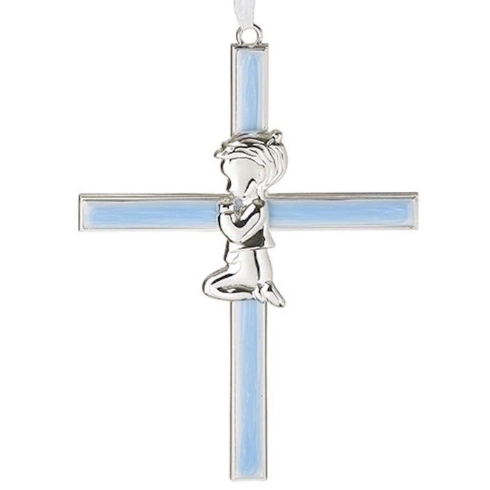 HANGING CROSS- PRAYING BOY BLUE- 6"