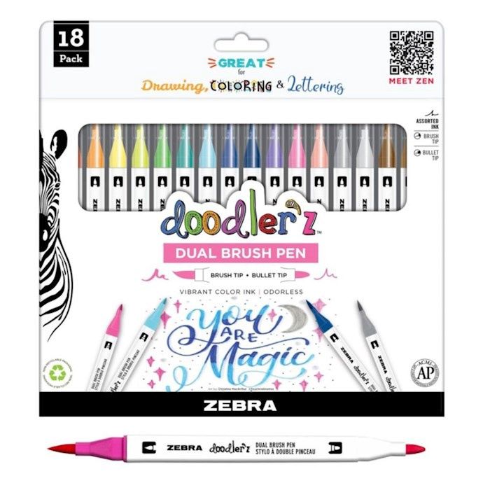 BJR- DOODLERZ DUAL BRUSH PENS BY ZEBRA- SET OF 18
