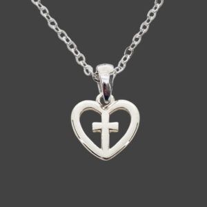 NECKLACE- FOREVER FAITH- CUT OUT HEART WITH CROSS SILVER