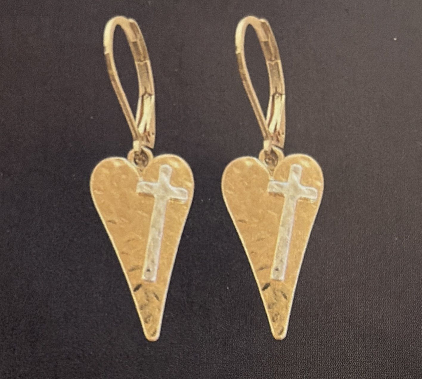 EARRINGS- JOY UNSPEAKABLE- PRIMITIVE HEART WITH  CROSS GOLD