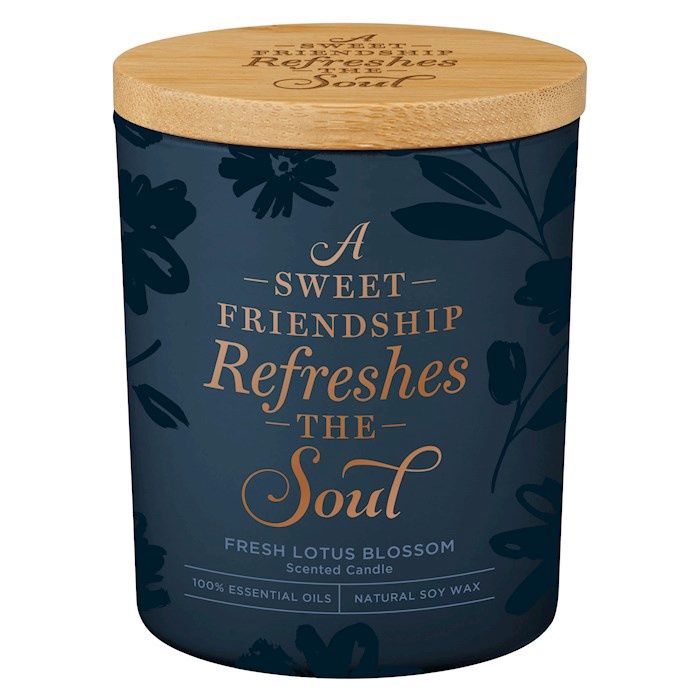 GLASS CANDLE WITH BAMBOO LID- SWEET FRIENDSHIP REFRESHES THE SOUL, NAVY