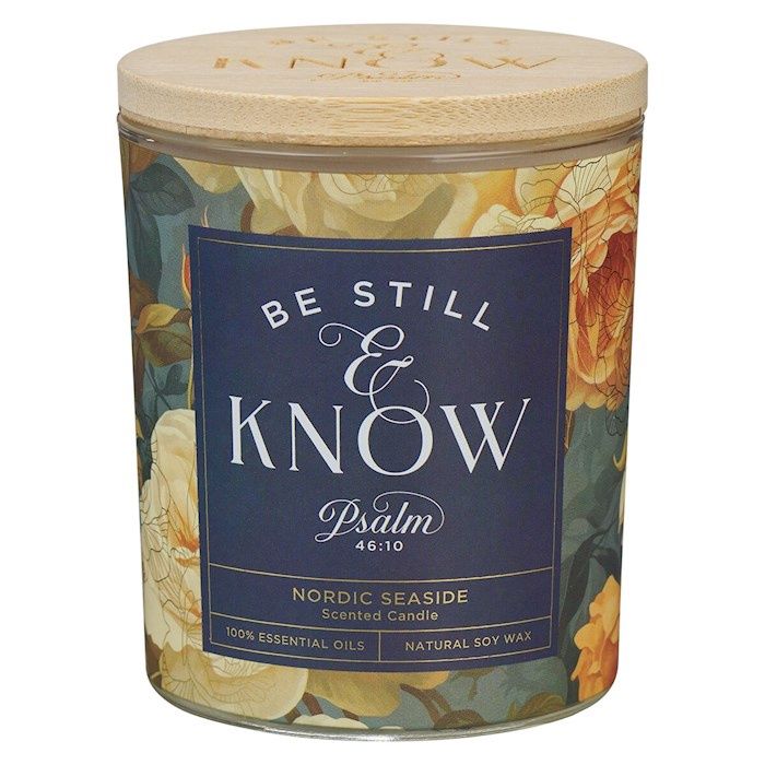 GLASS CANDLE WITH BAMBOO LID- BE STILL, PSALM 46:10, FLORAL