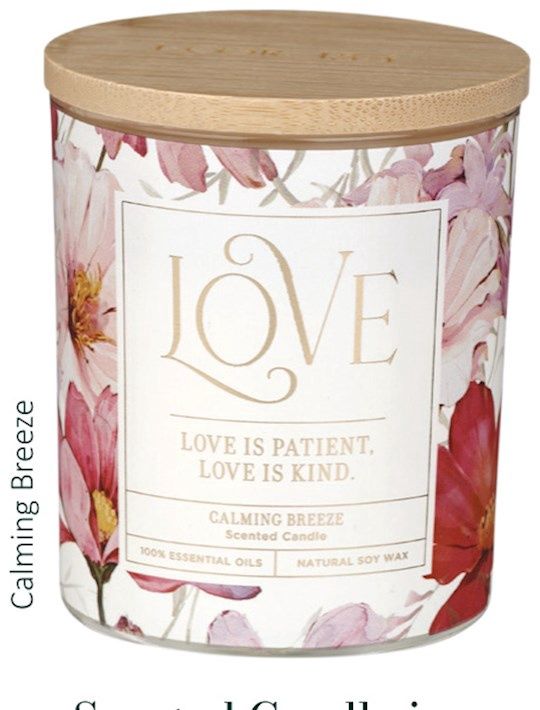 GLASS CANDLE WITH BAMBOO LID- LOVE IS PATIENT, 1 CORINTHIANS 13:4