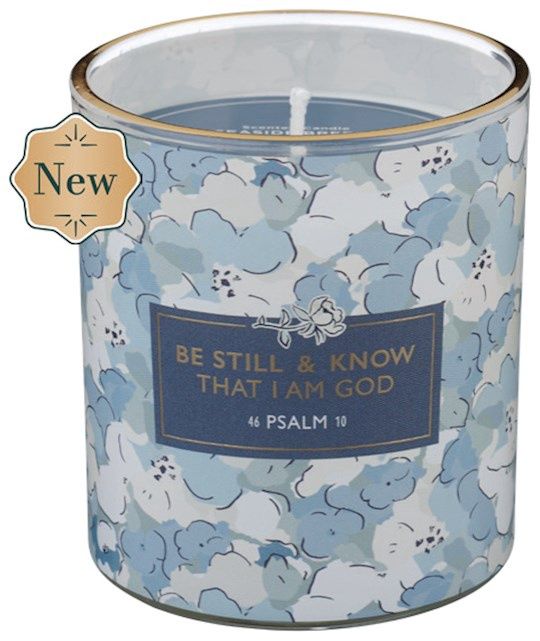 GLASS CANDLE- BE STILL &amp; KNOW THAT I AM GOD, BLUE