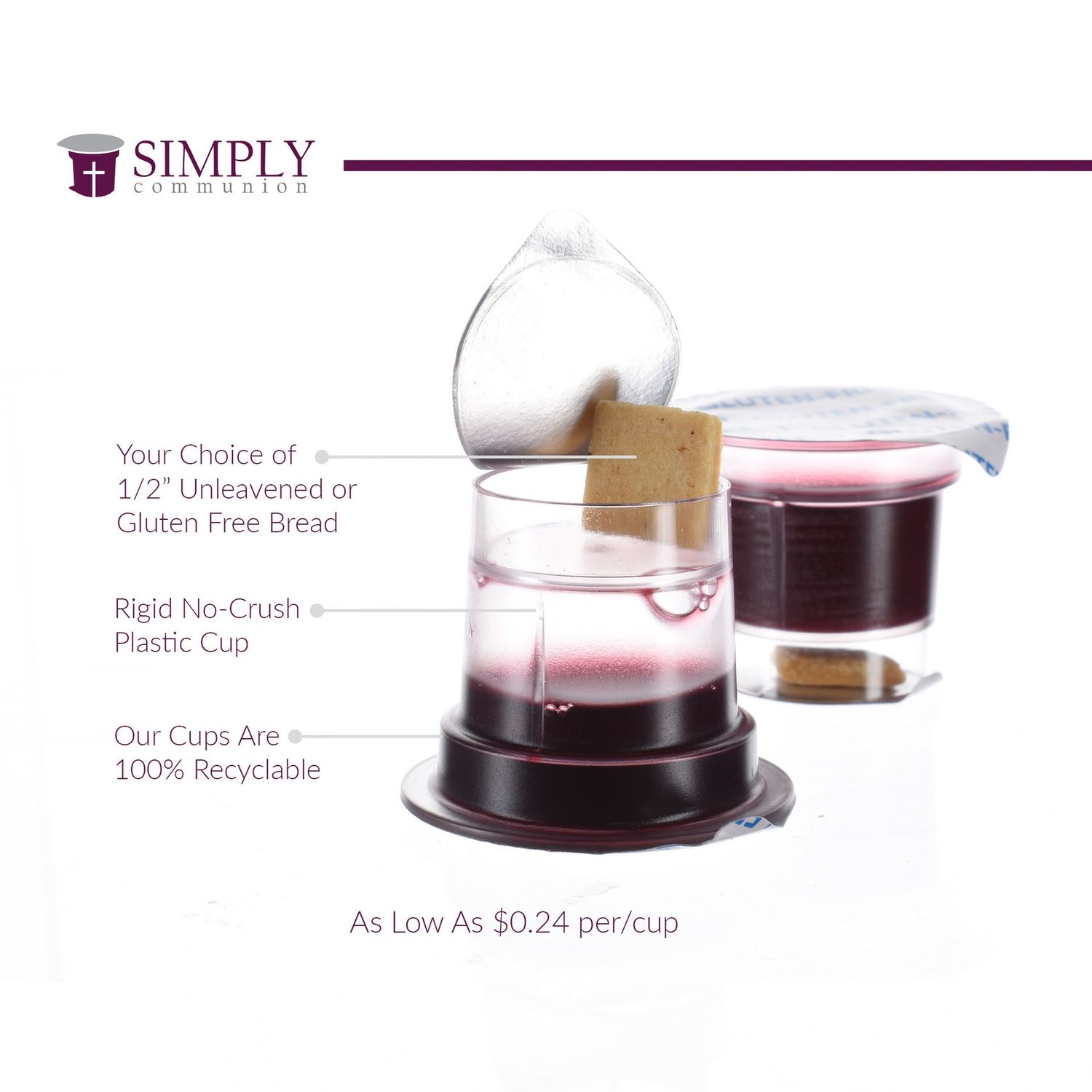 SIMPLY- 200 COMMUNION CUPS- GLUTEN FREE, PREFILLED