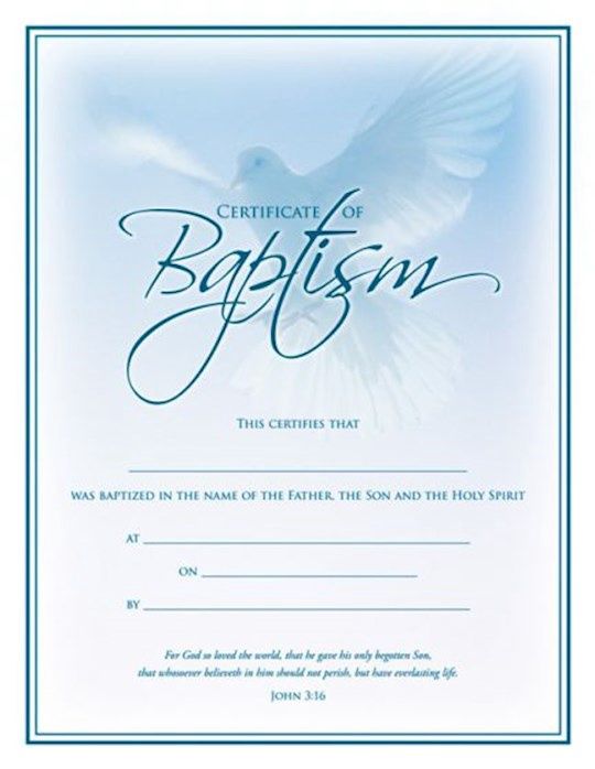 CERTIFICATE- BAPTISM, BLUE DOVE, JOHN 3:16- PACK OF 6