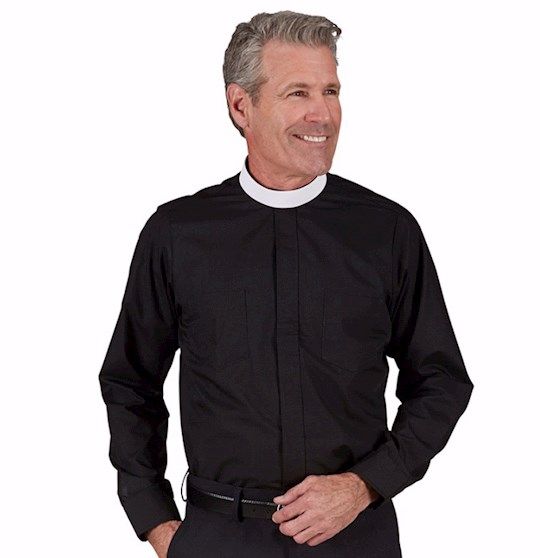 CLERGY CHIRT- LONG SLEEVE- NECKBAND, BLACK, 18 x 34/35
