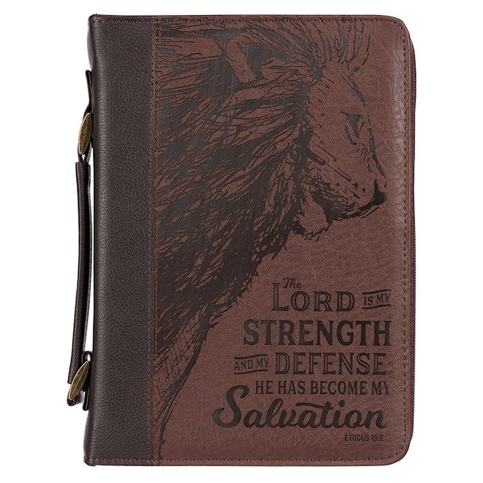 BIBLE COVER- LARGE- LION, LORD IS MY STRENGTH- EXODUS 15:2