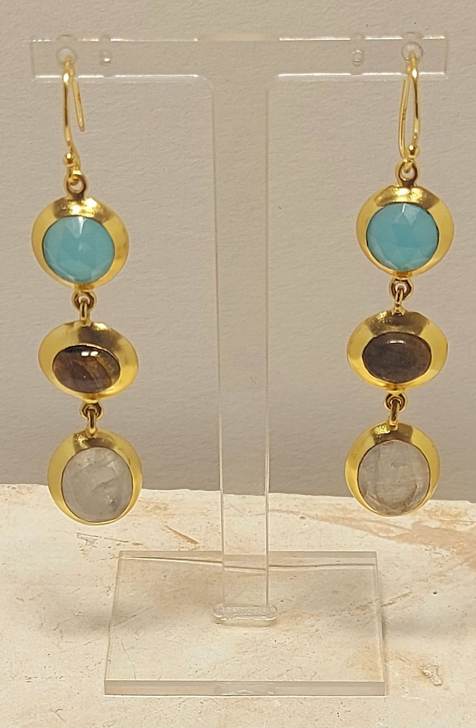 Elegante lange Chalcedon, Labradorite Ohrringe