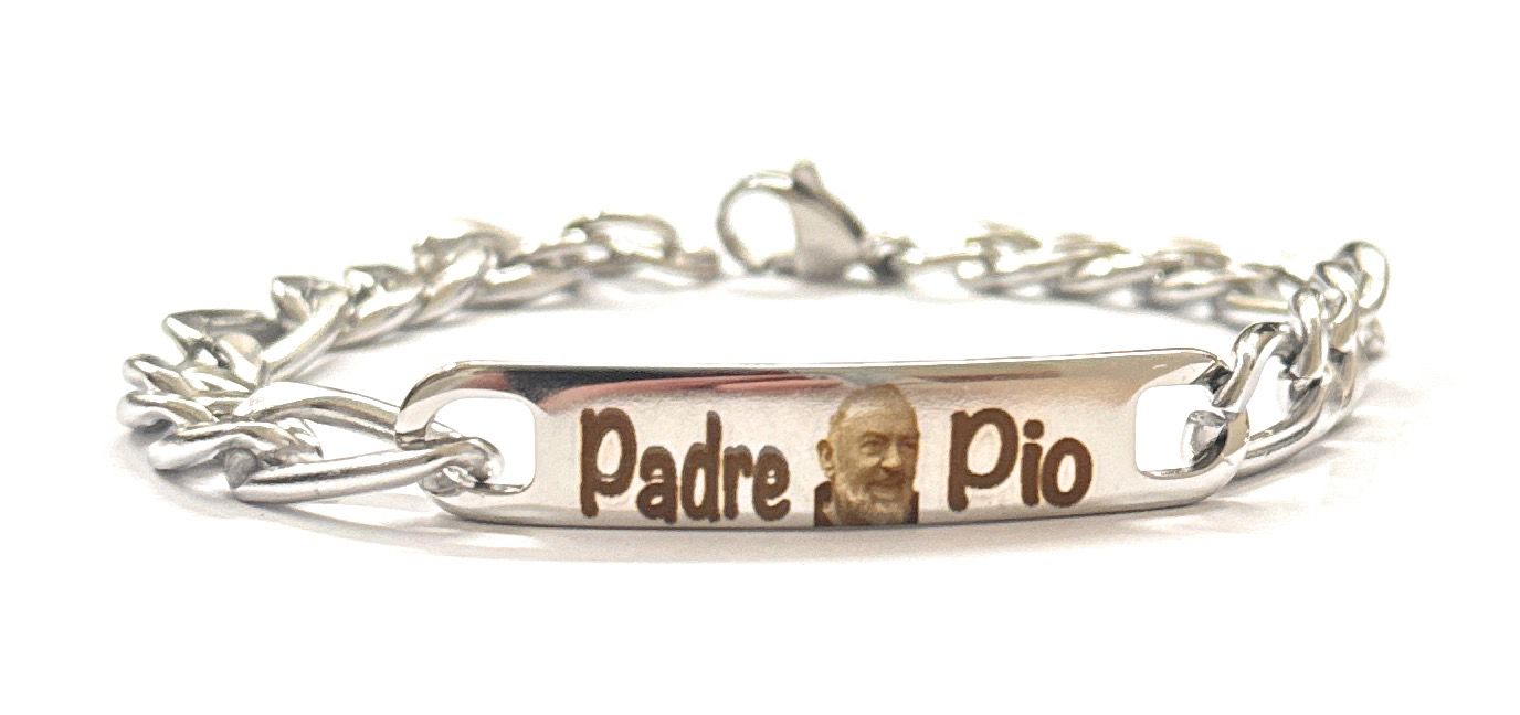 Bracciale Religioso Padre Pio in Acciaio, con Incisione a Laser