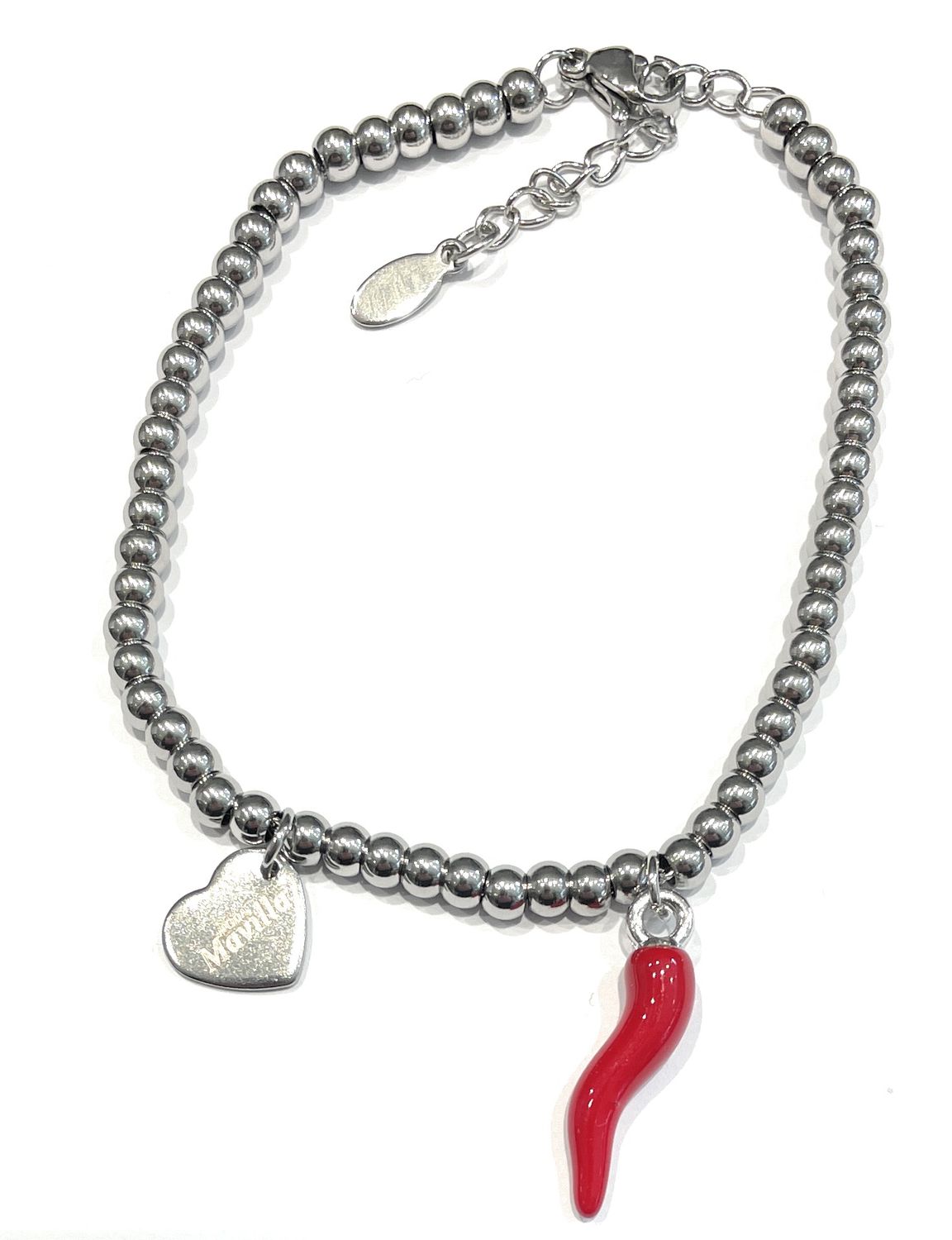 Bracciale sfere acciaio corno portafortuna