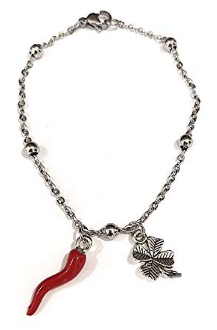 Bracciale catena acciaio corno e quadrifoglio